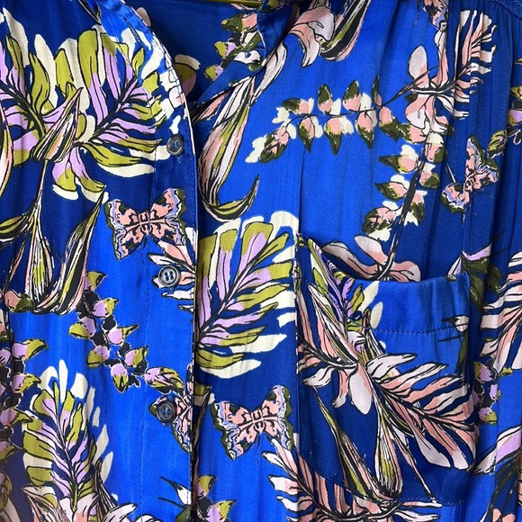 Free People Under the Palms Blue Hawaiian Boho Satin Button Down blouse - Picture 6 of 10
